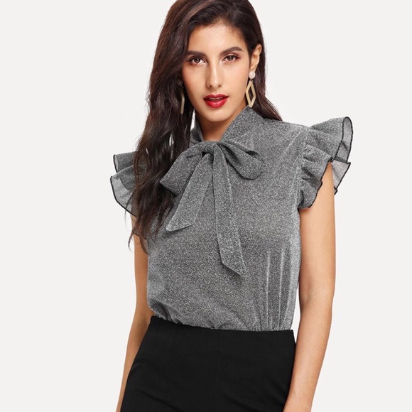 Tops - Metallic Silver Láme Tie Top